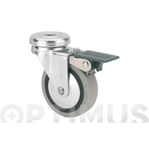 RUEDA MUEBLE AUXILIAR GIRATORIA B GOMA D50 GRIS AGUJERO PASANTE 10 MM 22 KG CON FRENO 1-0551 RUEDAS ALEX