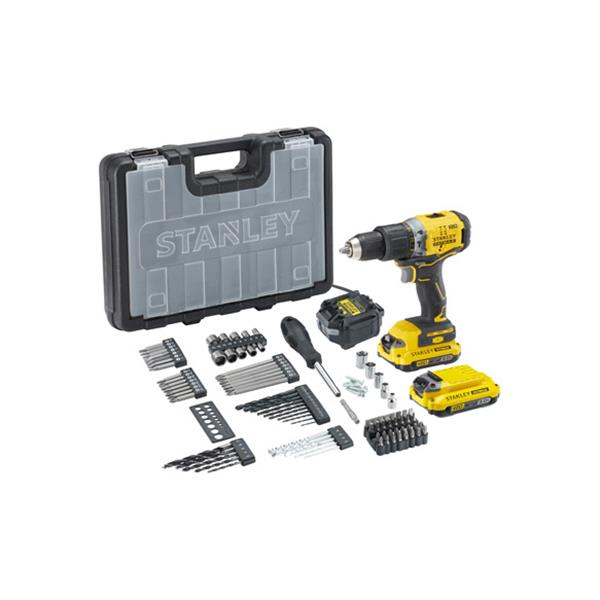 TALADRO PERCUTOR KIT BRUSHLESS V20 LI-ION 18V + SET ACC + 2 BATERIAS + CARGADOR STANLEY