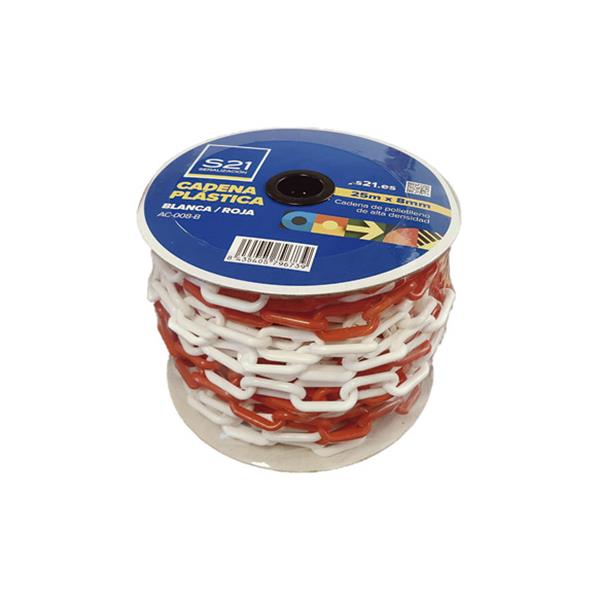 CADENA PLASTICA BLANCA/ROJA ROLLO 25 MT ESLABON 6 MM