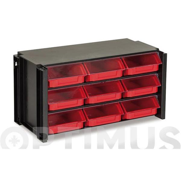 CLASIFICADOR APILABLE DE PL&Aacute;STICO NEGRO Y ROJO 9 GAVETAS 170 X 360 X 190 MM TAYG