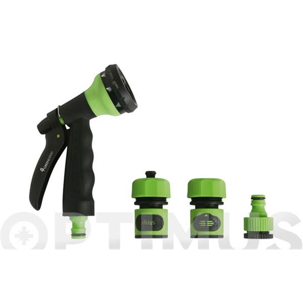SET RIEGO: PISTOLA ROCIADORA Y 3 CONECTORES 15MM PLASTICO QF+ .