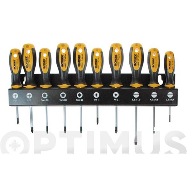 DESTORNILLADOR JUEGO 10 PIEZAS CON SOPORTE METAL BOCAS 3 PL / 2 PH / 2 PZ / 3 TORX IRONSIDE