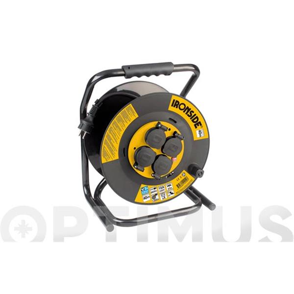 ENROLLACABLES PLASTICO 3 X 2,5 40 MT. 4 TOMAS CON TAPA IP44 3600 WT CON PROTECCION TERMICA IRONSIDE