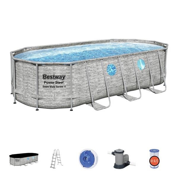 PISCINA POWER STEEL SWIM OVAL PARED DE PIEDRA DEPURADORA CARTUCHO DE 5678 L/H 549 X 274 X 122 CM