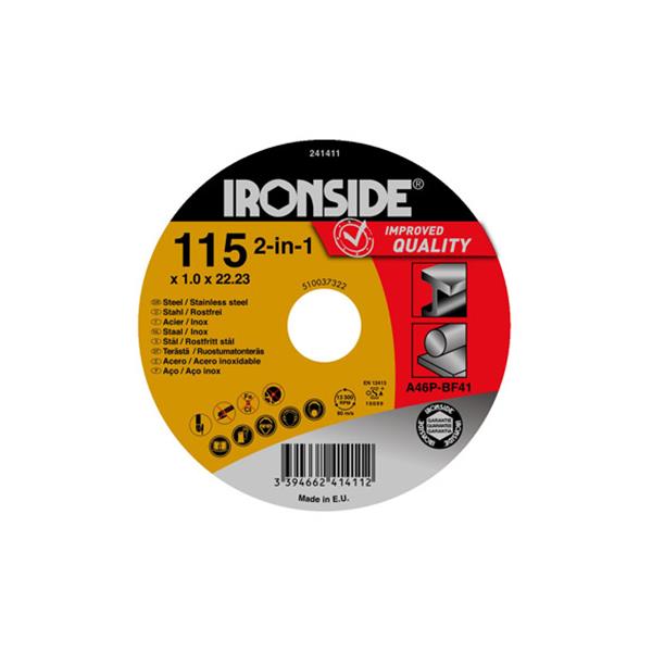 DISCO ABRASIVO CORTE 2 EN 1 PARA METAL Y ACERO INOXIDABLE 115 X 2,5 X 22 MM IRONSIDE