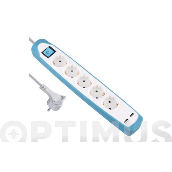 BASE MULTIPLE SILICONA 5 ENCHUFES + 2 USB C/INTERRUPTOR (AZUL/BLANCO)
