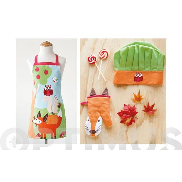 DELANTAL+GORRO+MANOPLA INFANTIL AMIGOS DEL BOSQUE