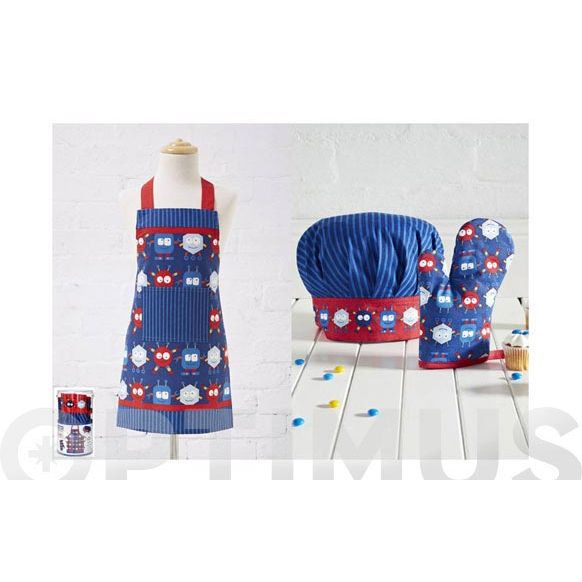 DELANTAL+GORRO+MANOPLA INFANTIL AMIGOS DEL ESPACIO