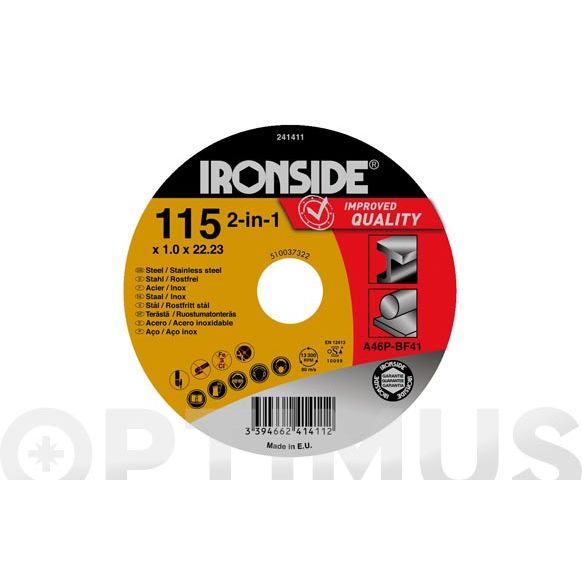 DISCO ABRASIVO CORTE ACERO - INOX DE 230 X 2 X 22 MM IRONSIDE